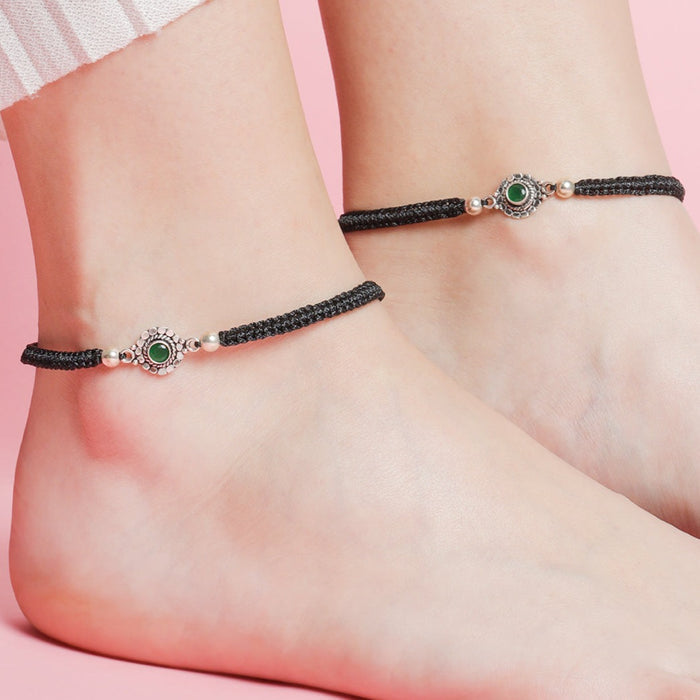 Floral Rhodium Plated Green CZ 925 Sterling Silver Thread Anklet