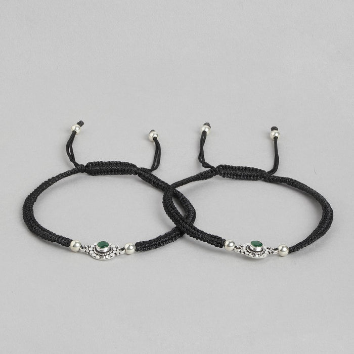 Floral Rhodium Plated Green CZ 925 Sterling Silver Thread Anklet