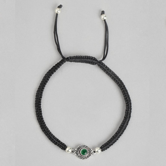 Floral Rhodium Plated Green CZ 925 Sterling Silver Thread Anklet