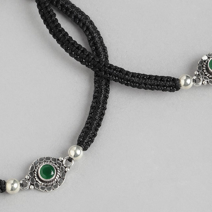 Floral Rhodium Plated Green CZ 925 Sterling Silver Thread Anklet