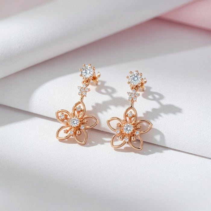 Floral Star Rose Gold Plated 925 Sterling Silver Drop Earrings