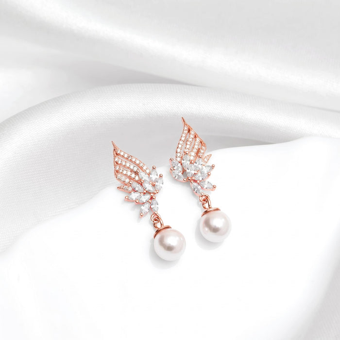 Floral Winged Pearl Rose Gold Plated 925 Silver Drop Earrings
