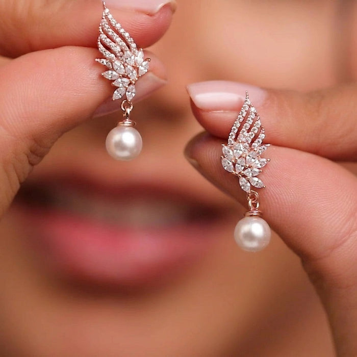 Floral Winged Pearl Rose Gold Plated 925 Silver Drop Earrings