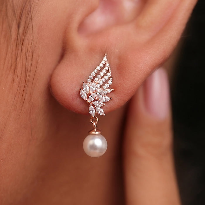 Floral Winged Pearl Rose Gold Plated 925 Silver Drop Earrings