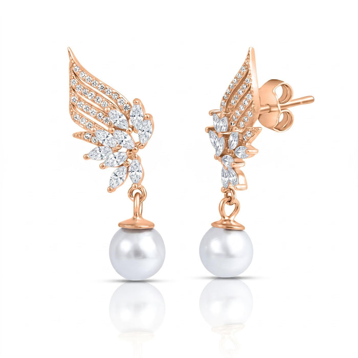 Floral Winged Pearl Rose Gold Plated 925 Silver Drop Earrings