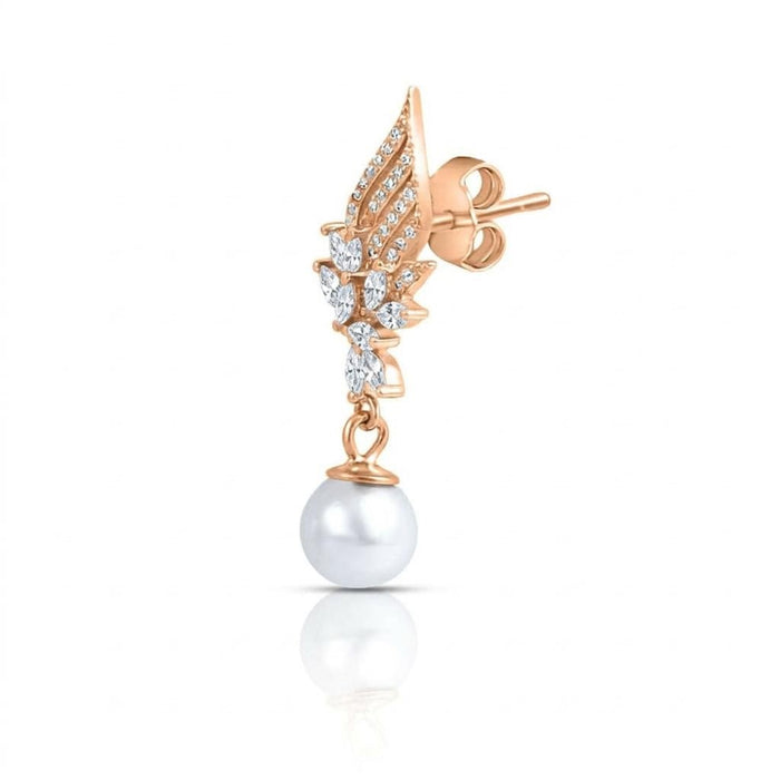 Floral Winged Pearl Rose Gold Plated 925 Silver Drop Earrings