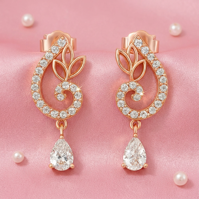 Rose gold 925 Sterling Silver drop earrings for women with a sparkling floral teardrop design – Zavya