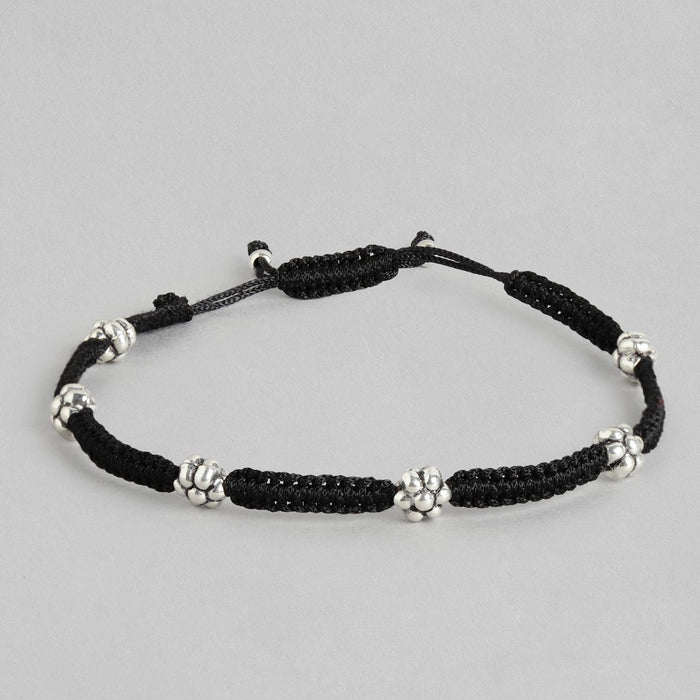 Flower Embedded Rhodium Plated 925 Sterling Silver Thread Anklet