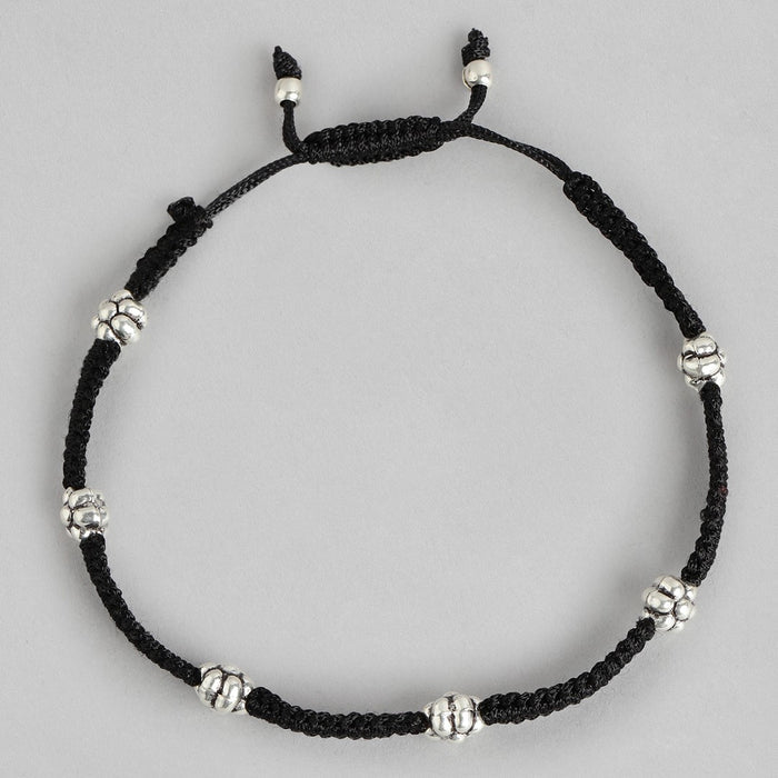 Flower Embedded Rhodium Plated 925 Sterling Silver Thread Anklet