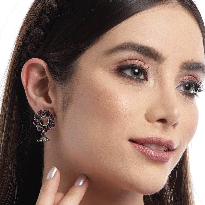 Flower Jhumka Oxidised 925 Sterling Silver Earrings