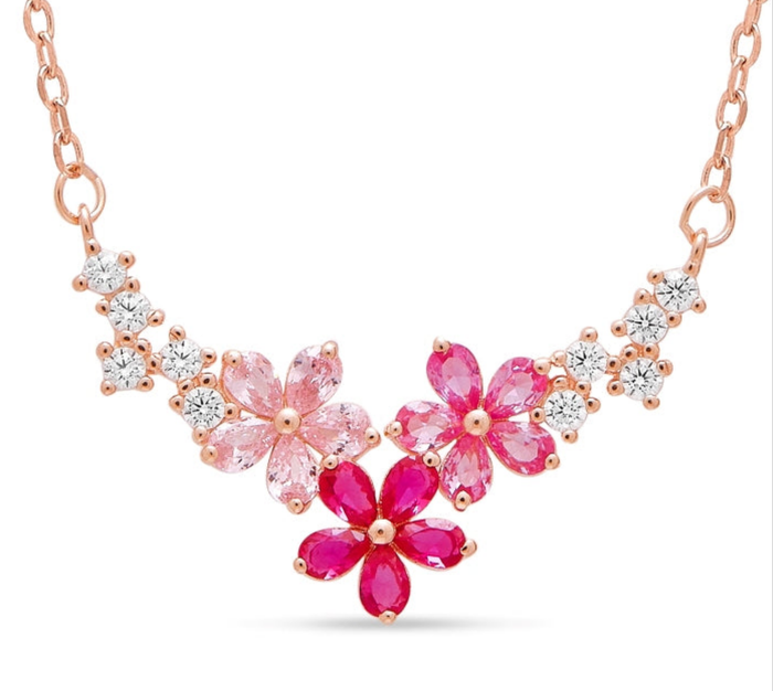 925 Sterling Silver rose gold-plated necklace for women featuring pink crystal flowers and clear stones – Zavya