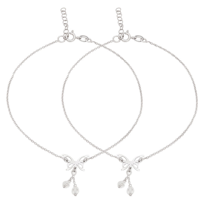 Two 925 Sterling Silver anklets for women. Delicate jewellery chains with butterfly charms and beads – Zavya