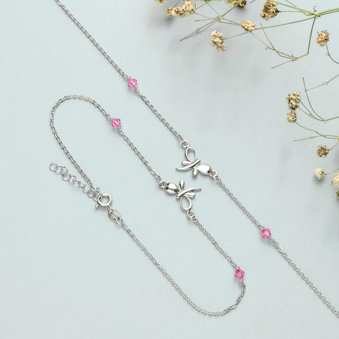 Delicate 925 Sterling Silver anklet for women with butterfly charms and pink studded stones – Zavya
