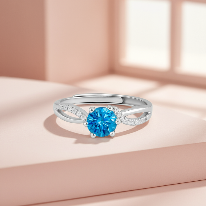 Adjustable 925 Sterling Silver blue solitaire ring for women with a split crystal band – Zavya