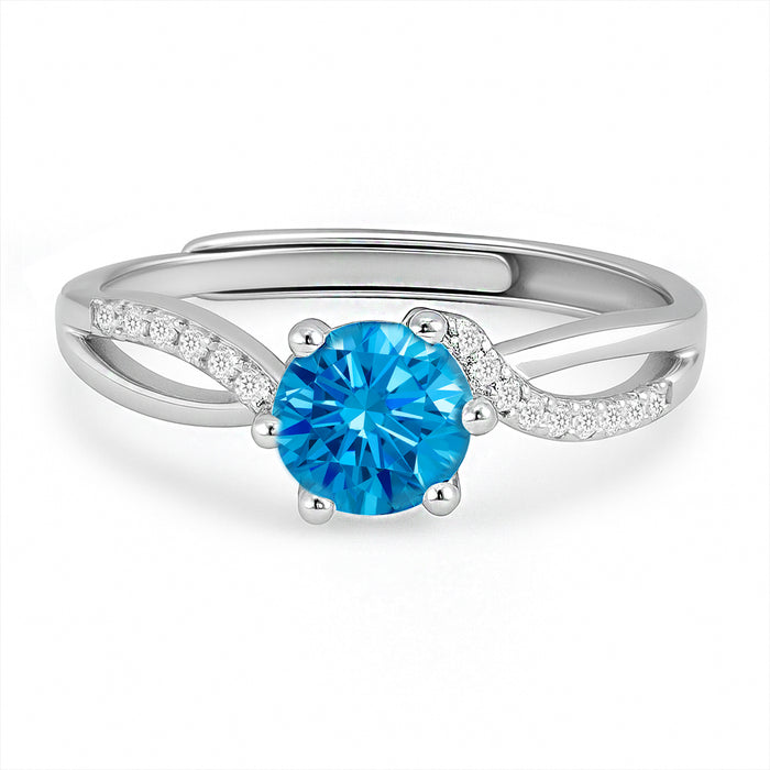 Adjustable 925 Sterling Silver ring for women with a blue solitaire and twisted crystal band. – Zavya