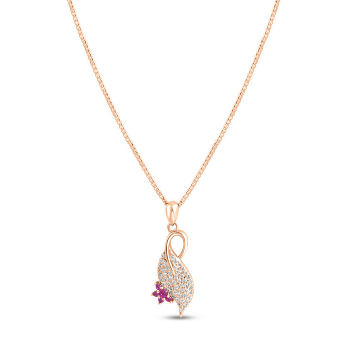Rose gold 925 Sterling Silver women's necklace with a crystal-studded leaf and pink flower pendant – Zavya