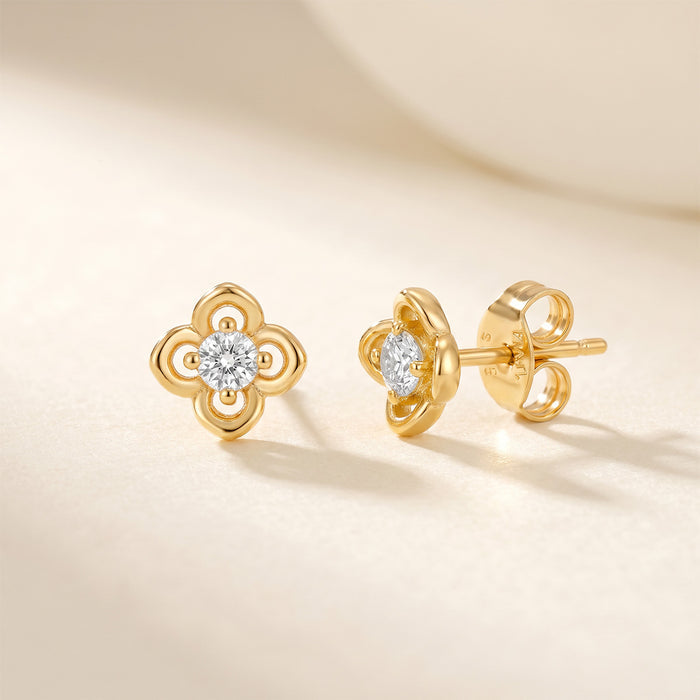 Four Petal Floral Gold Plated 925 Silver Stud Earrings