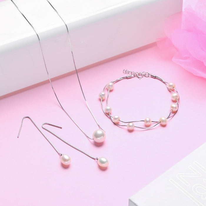 Freshwater Pearl Rhodium Plated 925 Sterling Silver Jewelery set