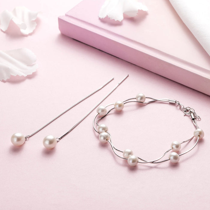 Freshwater Pearl Rhodium Plated 925 Sterling Silver Jewelery set