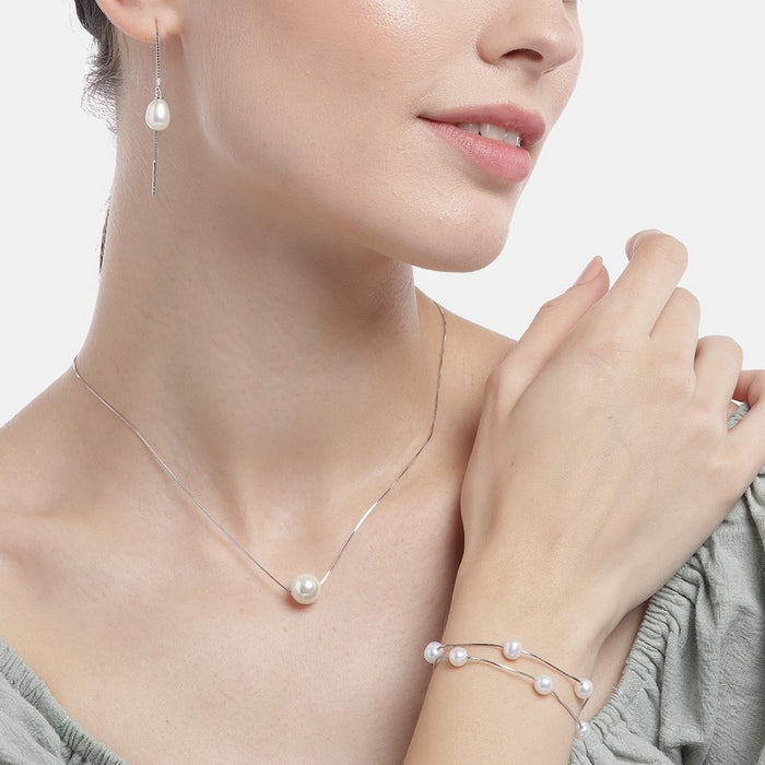 Freshwater Pearl Rhodium Plated 925 Sterling Silver Jewelery set