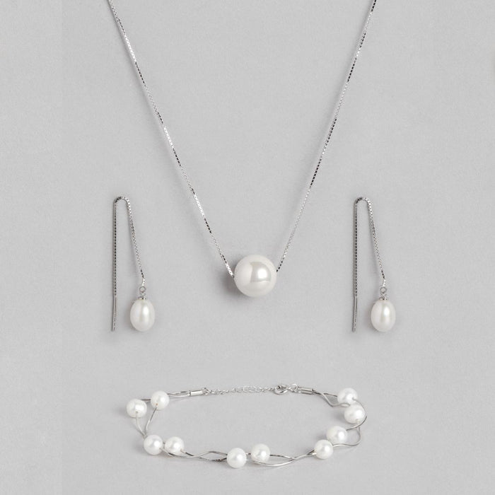 Freshwater Pearl Rhodium Plated 925 Sterling Silver Jewelery set