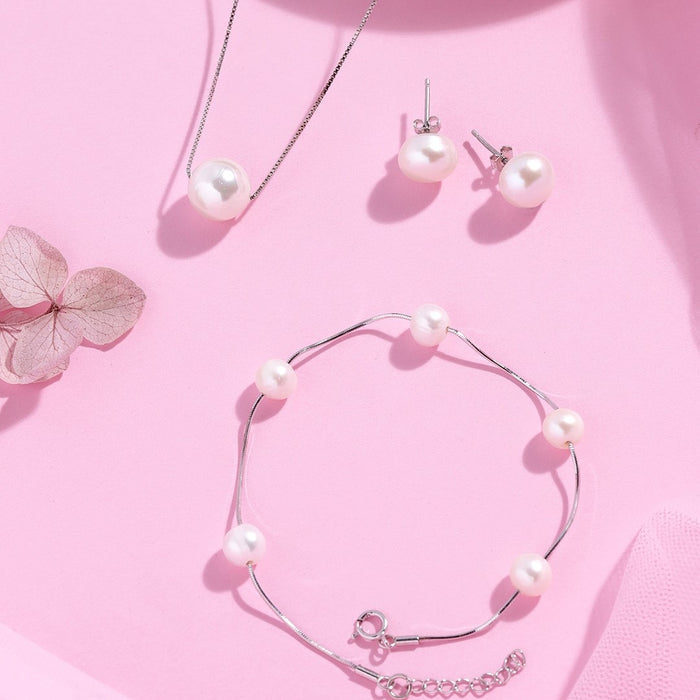 Freshwater Pearl Rhodium Plated 925 Sterling Silver Jewellery Set