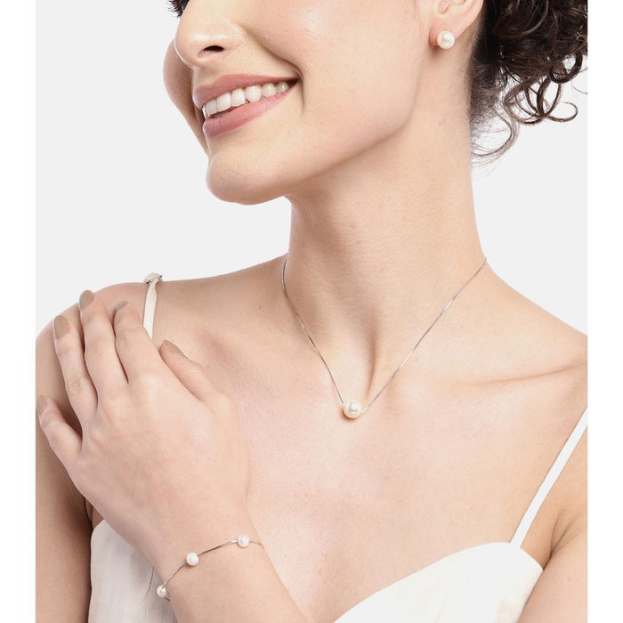 Freshwater Pearl Rhodium Plated 925 Sterling Silver Jewellery Set