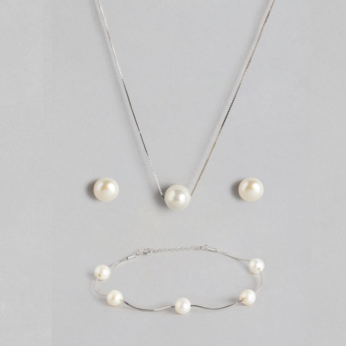 Freshwater Pearl Rhodium Plated 925 Sterling Silver Jewellery Set