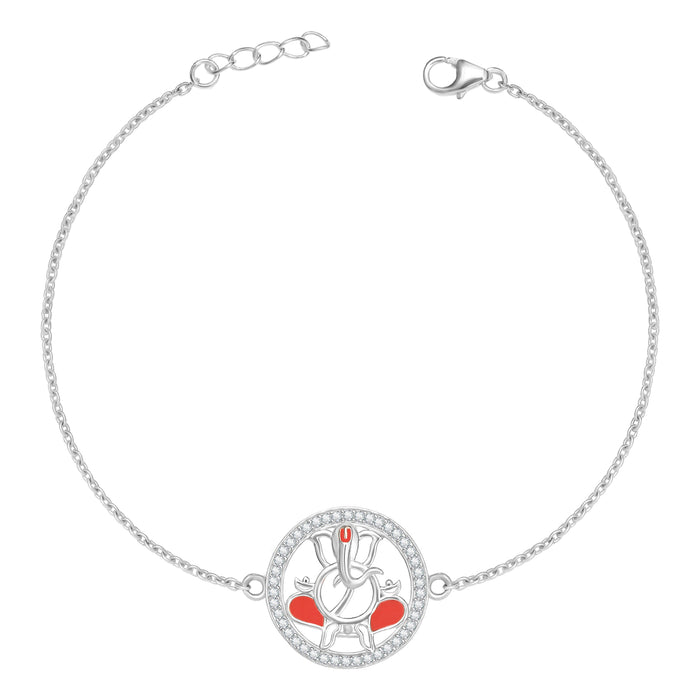 Ganesh Ji Blessings Rhodium-Plated CZ Sterling Silver Chain Rakhi