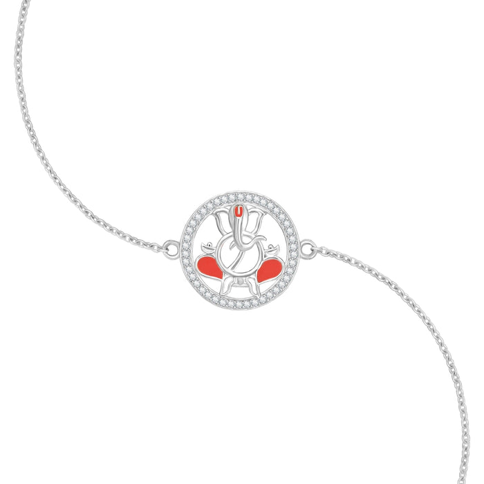 Ganesh Ji Blessings Rhodium-Plated CZ Sterling Silver Chain Rakhi