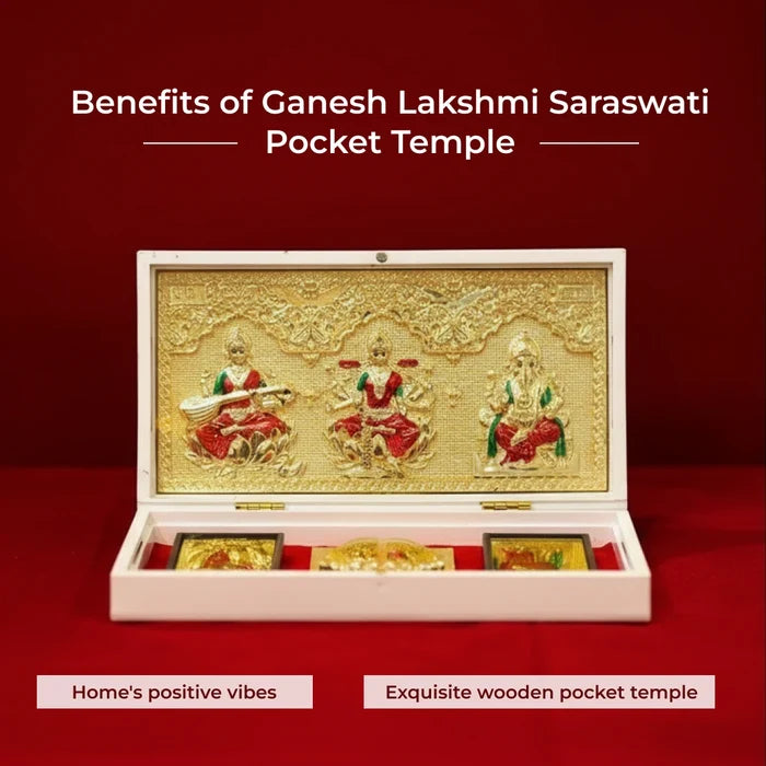 Ganesh Lakshmi Saraswati Pocket Temple - Gold Platted - view 3