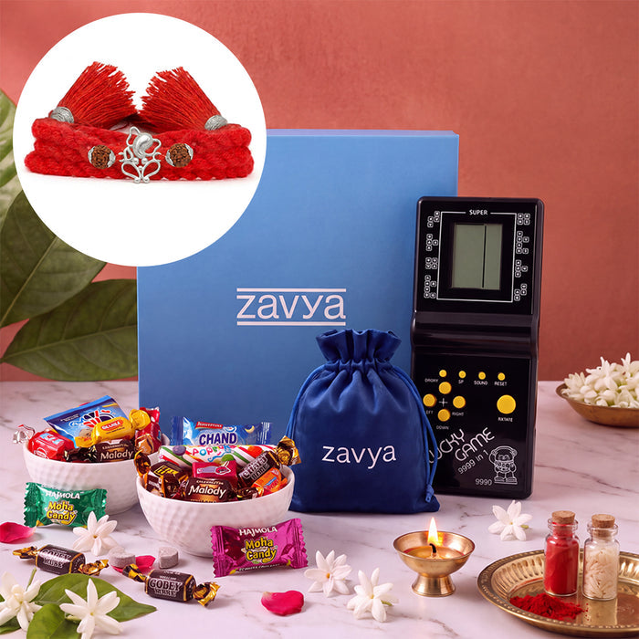 Ganesha Rhodium Plated Rudraksh Silver Rakhi Nostalgic Gift Hamper Box