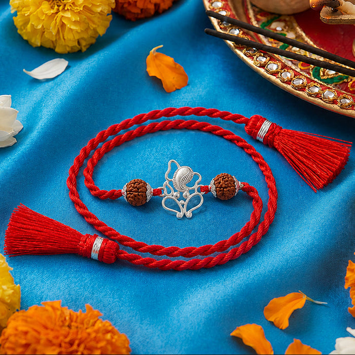 Ganesha Rhodium Plated Rudraksh Silver Rakhi Nostalgic Gift Hamper Box
