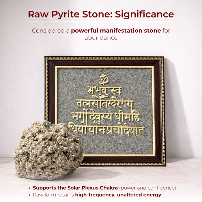 Gayatri Mantra Raw Pyrite Frame for Wisdom and Light - view 3