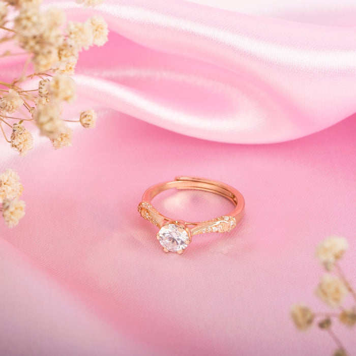 Gold plated 925 Sterling Silver adjustable ring for women with a center stone on pink silk. – Zavya
