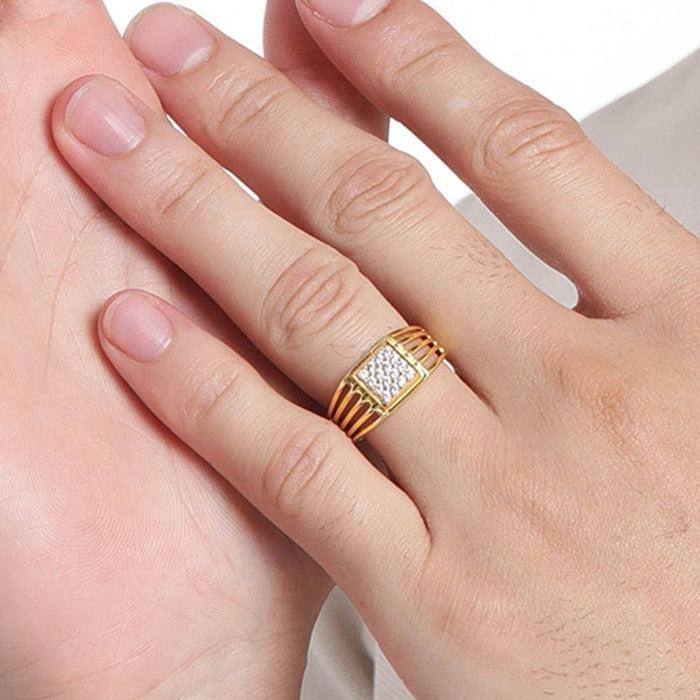Hand wearing a gold-plated 925 Sterling Silver square CZ men's ring; perfect gift for him – Zavya