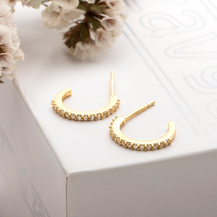 Gleaming Gold Plated One Line CZ 925 Sterling Silver Half Hoops