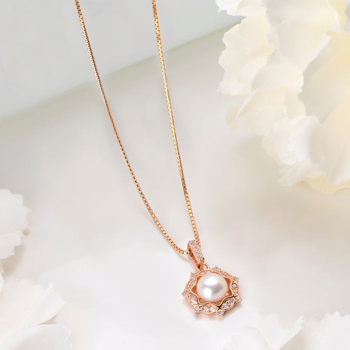 Glowing Harmony Rose Gold CZ & Pearl 925 Sterling Silver Pendent with Chain