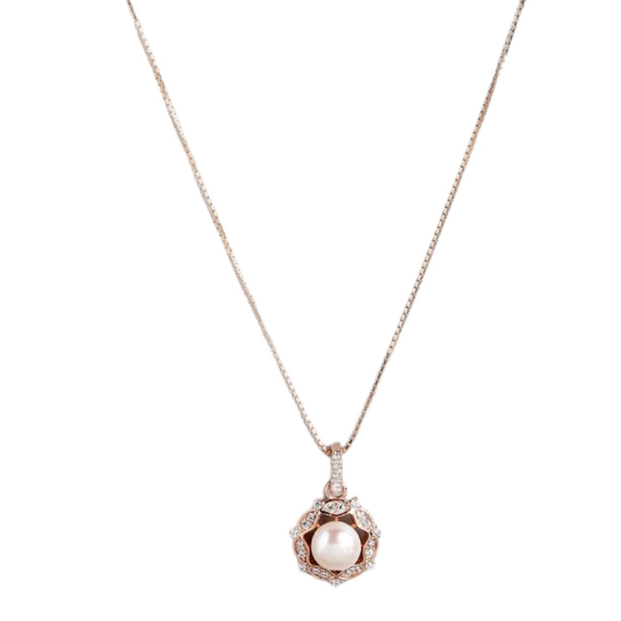 Glowing Harmony Rose Gold CZ & Pearl 925 Sterling Silver Pendent with Chain