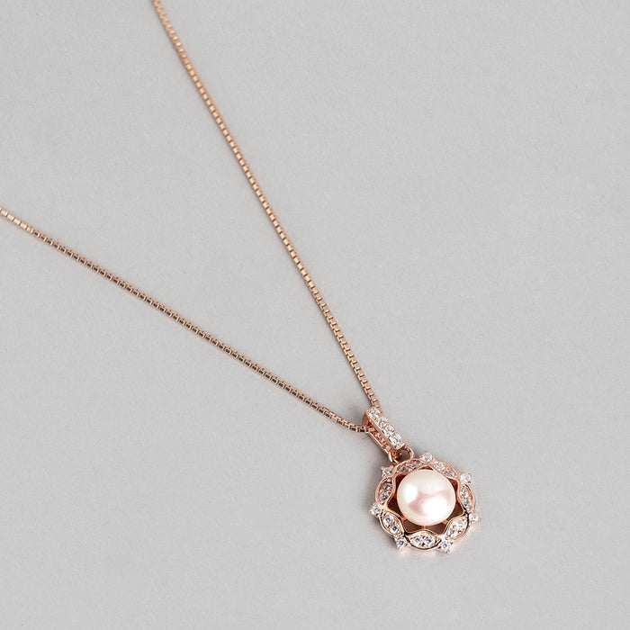 Glowing Harmony Rose Gold CZ & Pearl 925 Sterling Silver Pendent with Chain