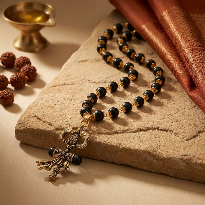 Gold Cap Karungali Mala with Trishul Damroo - view 2