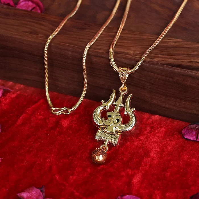 Gold Plated OM Shiva Trishul Chain Necklace