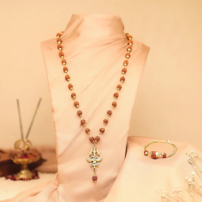 Gold Plated Rudraksha OM Shiva Trishool Necklace & Rudraksha Bracelet