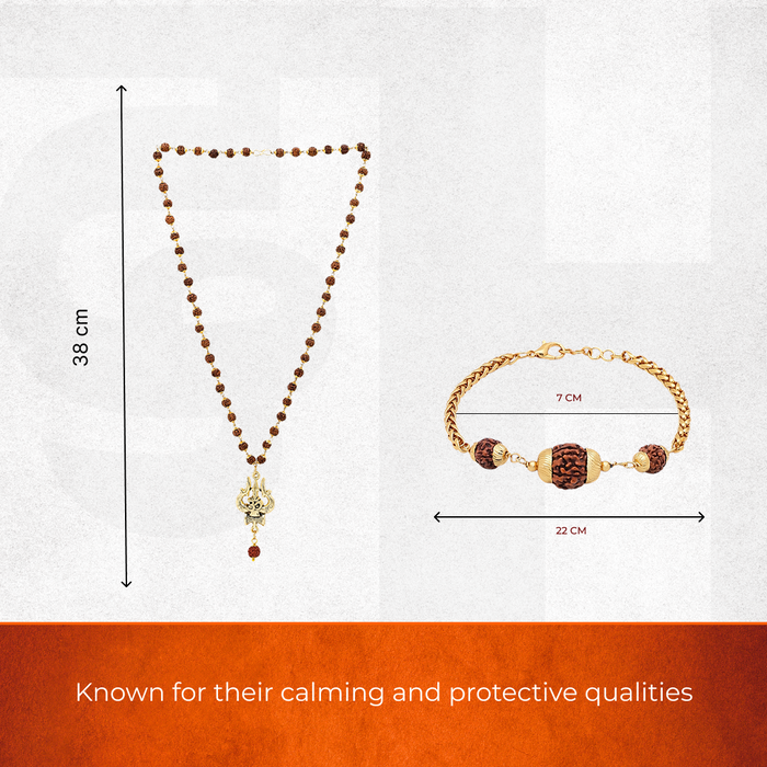Gold Plated Rudraksha OM Shiva Trishool Necklace & Rudraksha Bracelet