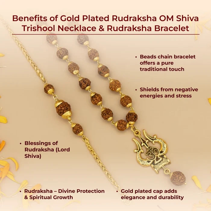 Gold Plated Rudraksha OM Shiva Trishool Necklace & Rudraksha Bracelet - view 2