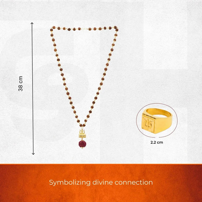 Gold-Plated Rudraksha Shiva Damroo Trishool Necklace & Trishool Ring