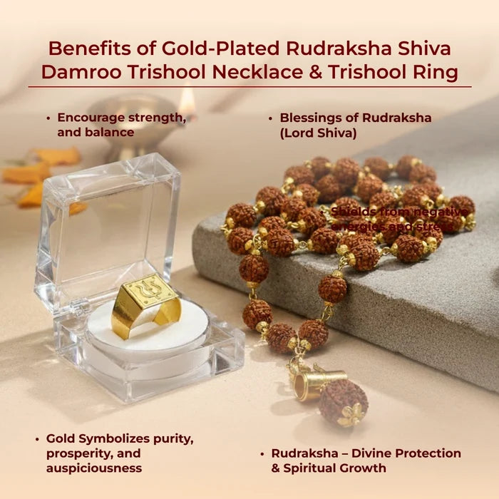 Gold-Plated Rudraksha Shiva Damroo Trishool Necklace & Trishool Ring - view 2