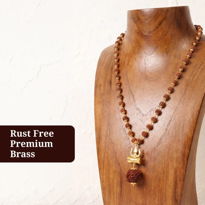 Gold-Plated Rudraksha Shiva Damroo Trishool Necklace