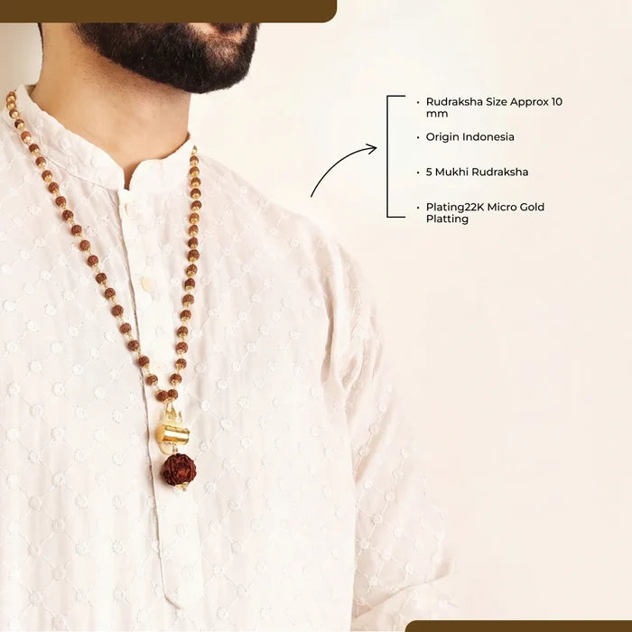 Gold-Plated Rudraksha Shiva Damroo Trishool Necklace - view 2