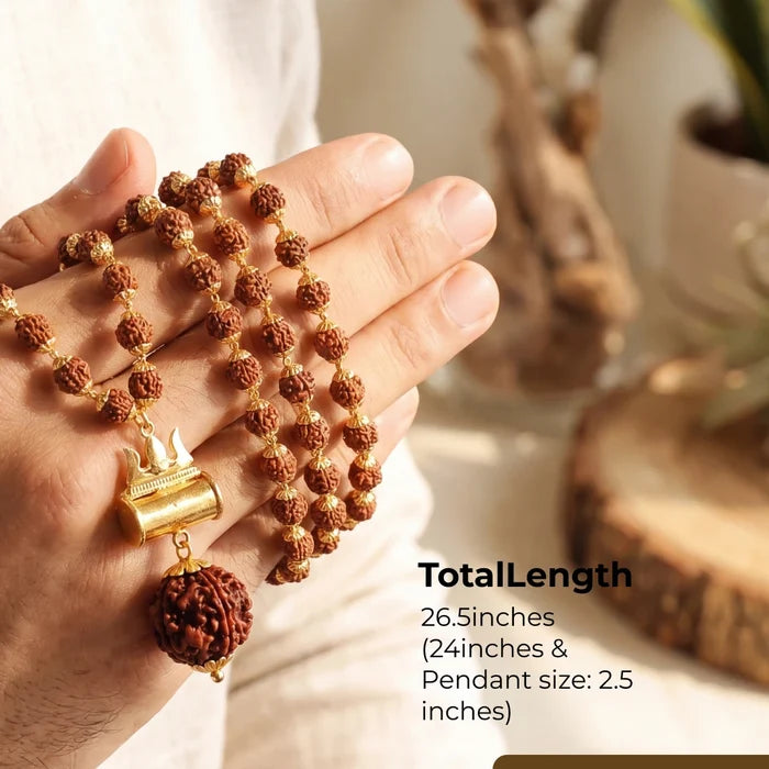 Gold-Plated Rudraksha Shiva Damroo Trishool Necklace - view 5